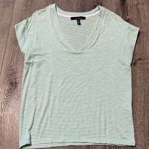 White House Black Market Light Green Striped V-Neck Tee